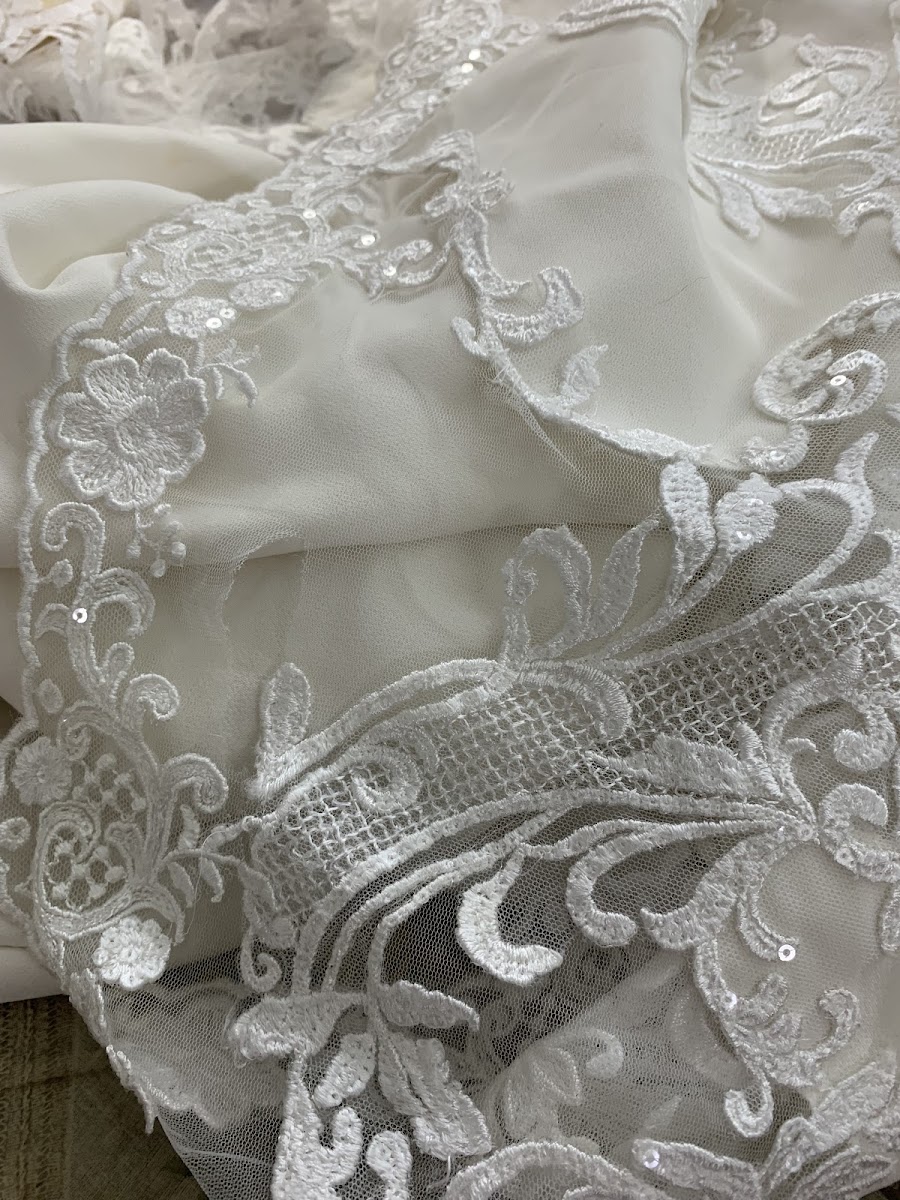 A close-up of intricate white lace fabric with sequins.
