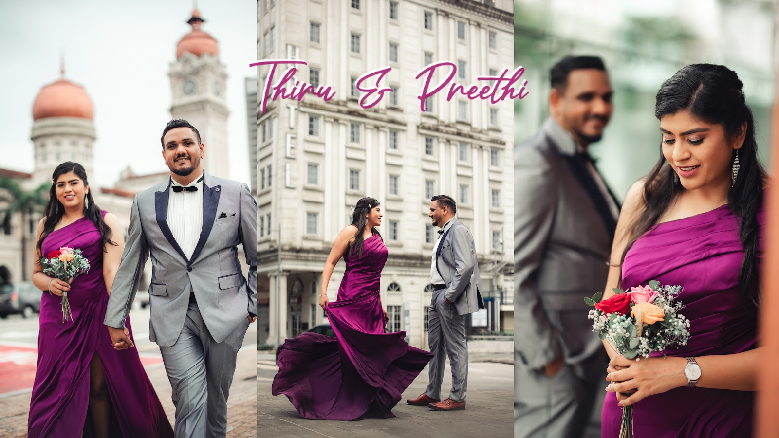 photo collage of wedding couple wearing grey tuxedo and purple dress
